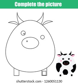 children educational game. Complete the picture. Coloring page. Kids activity with cow. Printable drawing worksheet. Animals theme