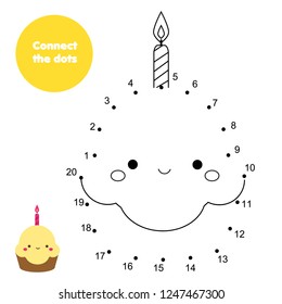 Children educational game. Connect dots by numbers. Food theme, cute cupcake. Dot to dot printable worksheet for toddlers and pre school years kids