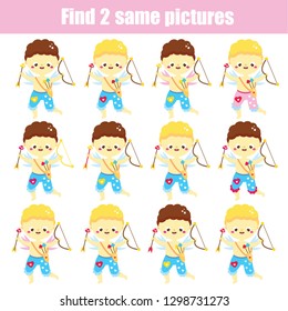 children educational game. Find the same pictures. Find two identical Cupid boys. St Valentines day theme fun for kids and toddlers.
