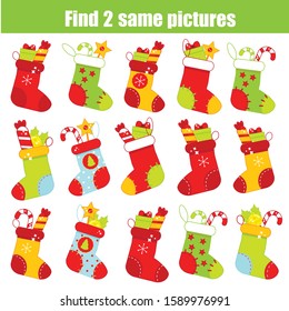 children educational game. Find the same pictures. Find two identical Christmas sock. new year fun for kids and toddlers.