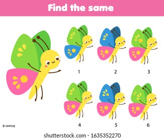 children educational game. Find the same pictures. spot identical butterflies. fun for kids and toddlers