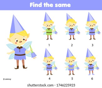 children educational game. Find the same pictures of garden elf. fun for kids and toddlers