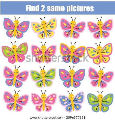 children educational game. Find the same pictures. spot two identical butterflies. fun for kids and toddlers