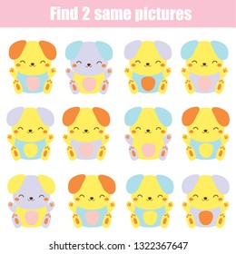 Children educational game. Find two same pictures. Cute dogs. Activity fun page for toddlers and babies