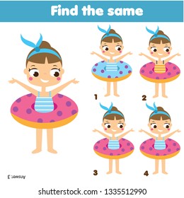 Children educational game. Find two same pictures. Summer holidays theme. Activity fun page for toddlers and babies