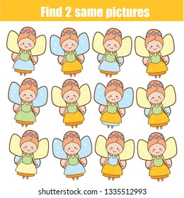 Children educational game. Find two same pictures. Cute fairy. Activity fun page for toddlers and babies