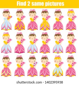 Children educational game. Find two same pictures. Cute princess. Activity fun page for toddlers and babies