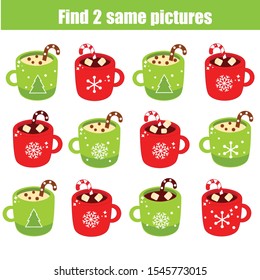 children educational game. Find two same pictures. Find identic Christmas mugs. New year theme activity for kids and toddlers