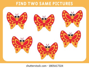 Children  educational game. Find two identical pictures. A set of funny butterflies, find two identical pictures to play. Vector illustration.