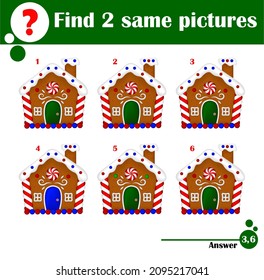 Children educational game. Find two same pictures of cute gingerbread house. Activity fun page for kids