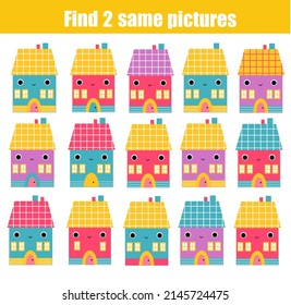 Children educational game. Find two same pictures of Cute house. Activity fun page for toddlers and babies
