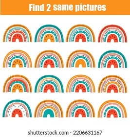 Children educational game. Find two same pictures of cute rainbow. Activity fun page for toddlers and babies