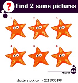 Children educational game. Find two same pictures of cute starfish