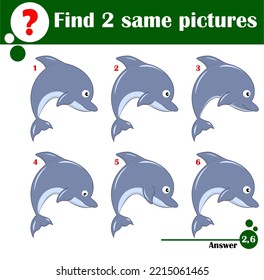 Children educational game. Find two same pictures of cute dolphin. Activity fun page for kids
