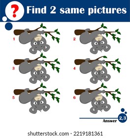 Kindererziehungsspiel. Finden Sie zwei gleiche Bilder von süß koala. Aktivitätsspass für Kinder