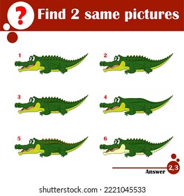 Children educational game. Find two same pictures of cute crocodile. Activity fun page for kids