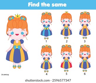 Children educational game. Find two same pictures of Cute princess. Activity fun page for toddlers and babies