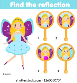 Children educational game. Kids activity. Matching pairs. Find the reflection of fairy in the mirror. Fun page for pre school age