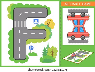 Children educational game for learn alphabet. Letters road and paper car. Wallpaper or carpet for childrens room. Background for gaming car. Maze with road signs. Vector illustration.