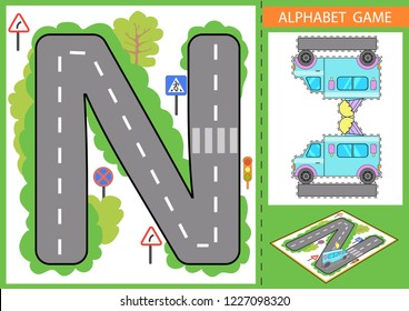  Juego educativo infantil.Aprender alfabeto. Cartas con camión de papel y carretera. Papel tapiz o alfombra para la habitación de los niños. Fondo para el camión de juegos. Maze con señales de carretera. Ilustración vectorial.