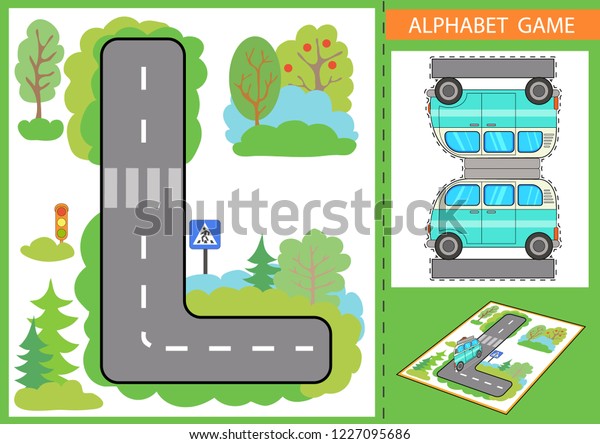 Children educational game. Learn alphabet\
and spelling. The letter L with road and paper car. Wallpaper for\
childrens room. Background for gaming car. Maze with road signs.\
Vector illustration.