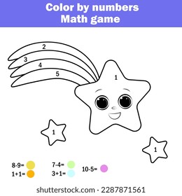 Children educational game. Mathematics actvity. Color by numbers, printable worksheet. Coloring page with falling star. Learning addition and subtraction. Counting game