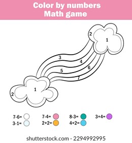 Children educational game. Mathematics actvity. Color by numbers, printable worksheet. Coloring page with falling star. Learning addition and subtraction. Counting game