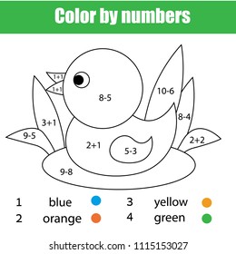 Children educational game. Mathematics coloring page with duck. Solve equations and color picture. Printable worksheet for toddlers with addition and subtraction