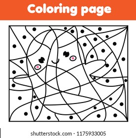 Children educational game. Printable coloring page with cute Halloween ghost. Color by dots, printable activity for toddlers