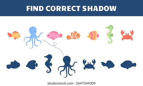 Children educational game with underwater characters. Cartoon fish, octopus, seahorse. Different ocean creatures. Kids development play vector template