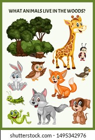 Children Educational Game. What Animals Live in Woods. Choose the Forest Animals. Activity for Preschool Kids and Toddlers. Worksheet for Education