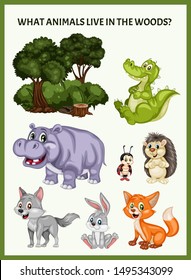 Children Educational Game. What Animals Live in Woods. Choose the Forest Animals. Activity for Preschool Kids and Toddlers. Worksheet for Education
