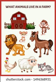 Children Educational Game. What Animals Live in a Farm. Choose the Farm Animals. Activity for Preschool Kids and Toddlers. Worksheet for Education