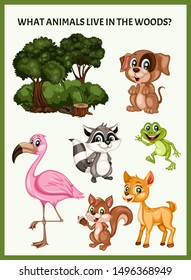 Children Educational Game. What Animals Live in Woods. Choose the Forest Animals. Activity for Preschool Kids and Toddlers. Worksheet for Education