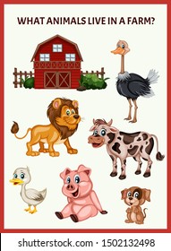 Children Educational Game. What Animals Live in a Farm. Choose the Farm Animals. Activity for Preschool Kids and Toddlers. Worksheet for Education