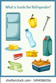 Children Educational Game. What is inside the Refrigerator. Choose the right things. Activity for Preschool Kids and Toddlers. Worksheet for Education