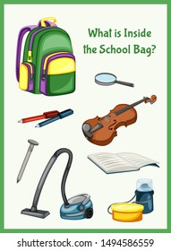 Children Educational Game. What is inside the School Bag. Choose the right things. Activity for Preschool Kids and Toddlers. Worksheet for Education