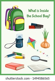 Children Educational Game. What is inside the School Bag. Choose the right things. Activity for Preschool Kids and Toddlers. Worksheet for Education