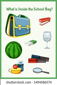 Children Educational Game. What is inside the School Bag. Choose the right things. Activity for Preschool Kids and Toddlers. Worksheet for Education
