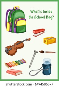Children Educational Game. What is inside the School Bag. Choose the right things. Activity for Preschool Kids and Toddlers. Worksheet for Education