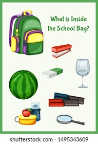 Children Educational Game. What is inside the School Bag. Choose the right things. Activity for Preschool Kids and Toddlers. Worksheet for Education