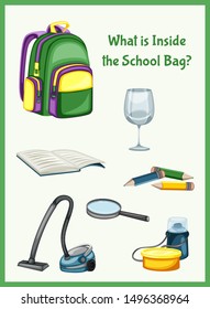 Children Educational Game. What is inside the School Bag. Choose the right things. Activity for Preschool Kids and Toddlers. Worksheet for Education