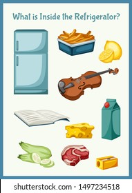 Children Educational Game. What is inside the Refrigerator. Choose the right things. Activity for Preschool Kids and Toddlers. Worksheet for Education