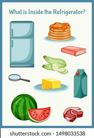 Children Educational Game. What is inside the Refrigerator. Choose the right things. Activity for Preschool Kids and Toddlers. Worksheet for Education
