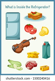 Children Educational Game. What is inside the Refrigerator. Choose the right things. Activity for Preschool Kids and Toddlers. Worksheet for Education