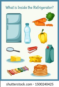 Children Educational Game. What is inside the Refrigerator. Choose the right things. Activity for Preschool Kids and Toddlers. Worksheet for Education