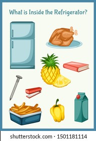 Children Educational Game. What is inside the Refrigerator. Choose the right things. Activity for Preschool Kids and Toddlers. Worksheet for Education