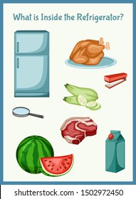 Children Educational Game. What is inside the Refrigerator. Choose the right things. Activity for Preschool Kids and Toddlers. Worksheet for Education