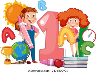 Children with educational items and playful elements