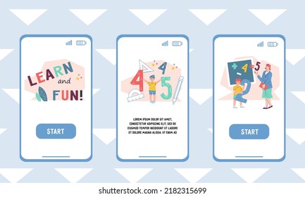 Children Educational Mobile App Onboarding Pages Bundle, Flat Vector Illustration. Mobile App Page Template For Online School And Extracurricular Activity, Kids Early Education.